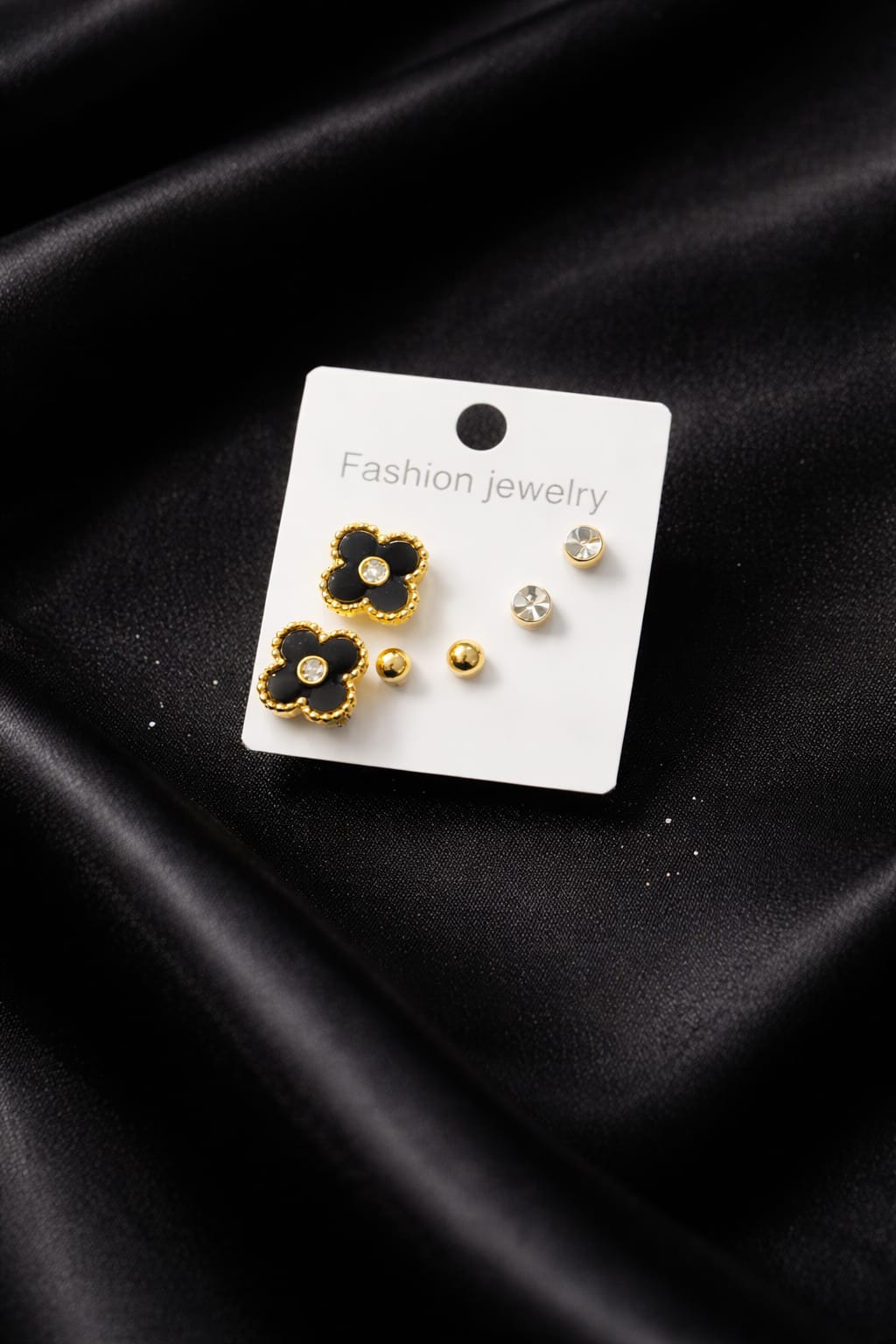 Black Clover & Crystal Stud Earrings Set – Fashion Jewellery Combo