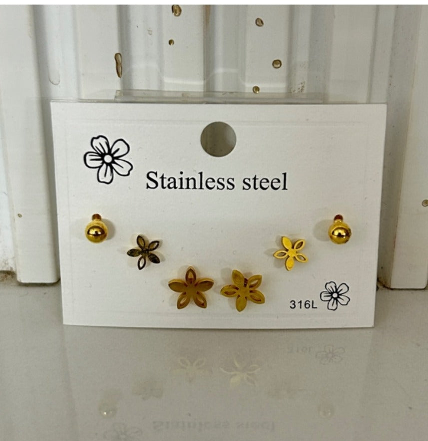316L Stainless Steel Floral Stud Earrings Combo (Set of 5)