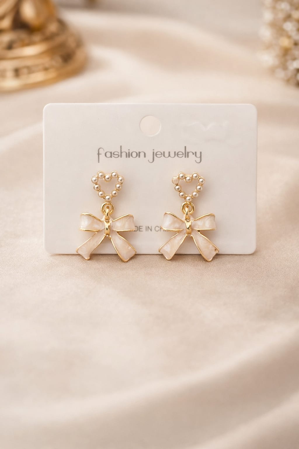 Heart & Bow Pearl Drop Earrings for Women