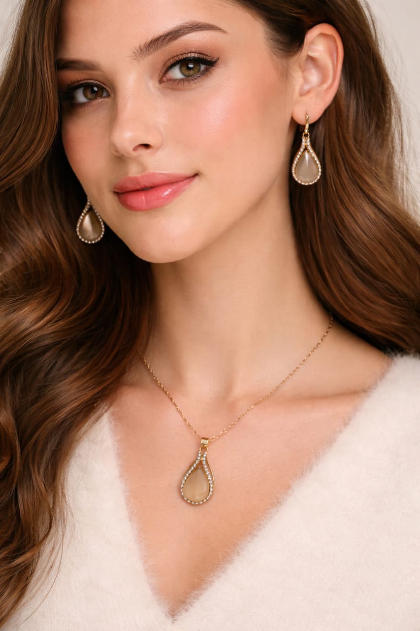 Teardrop Crystal Pendant Necklace & Earrings Set