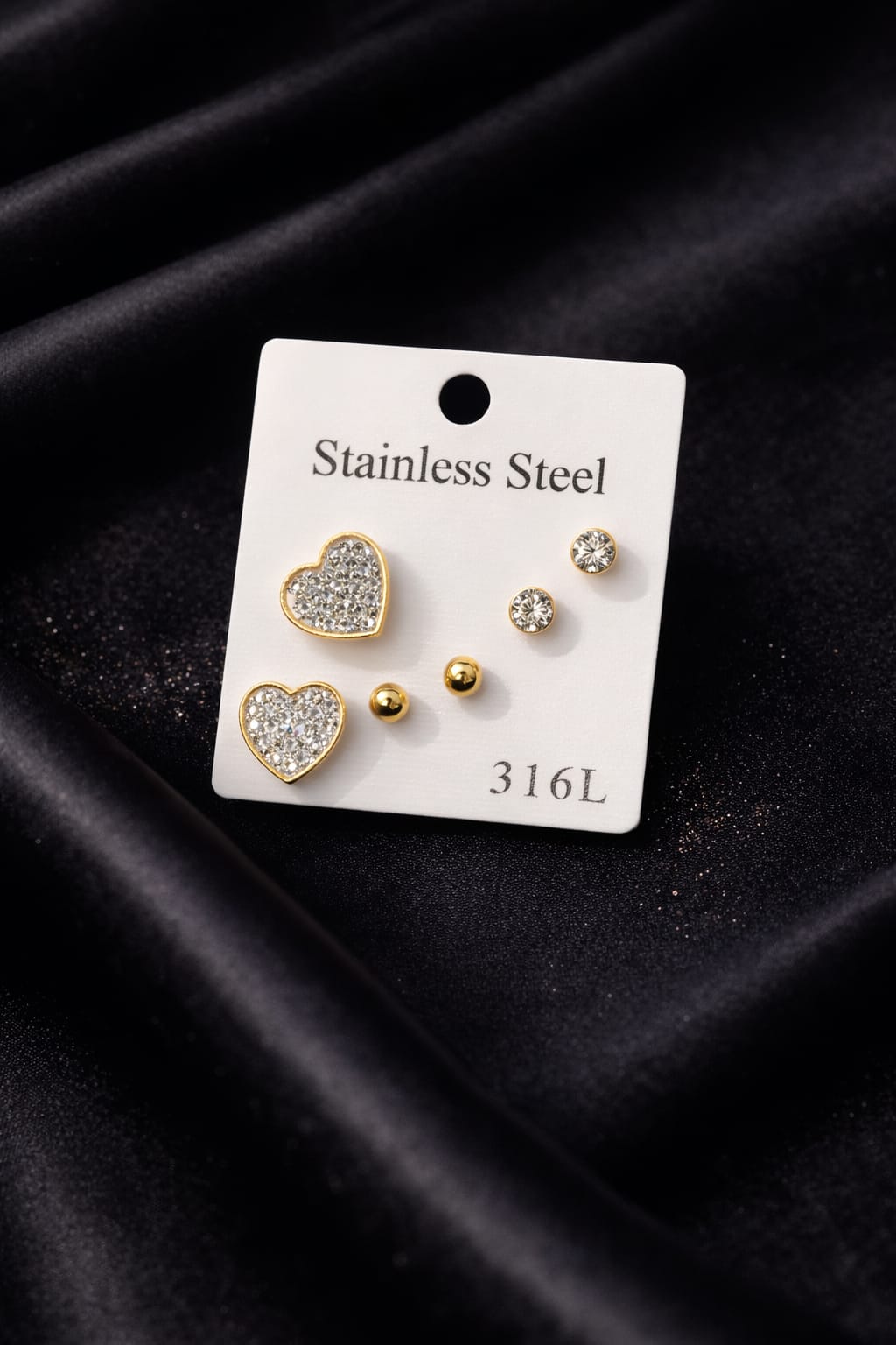 316L Stainless Steel Heart & Crystal Stud Earrings Set (Combo)