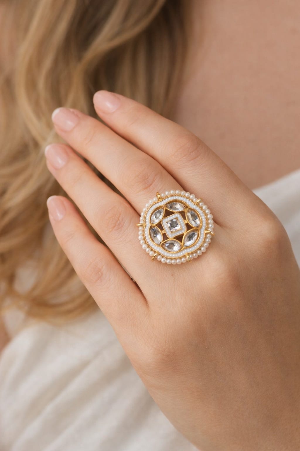 Pearl Halo Crystal Statement Ring | Elegant Adjustable Ring for Women