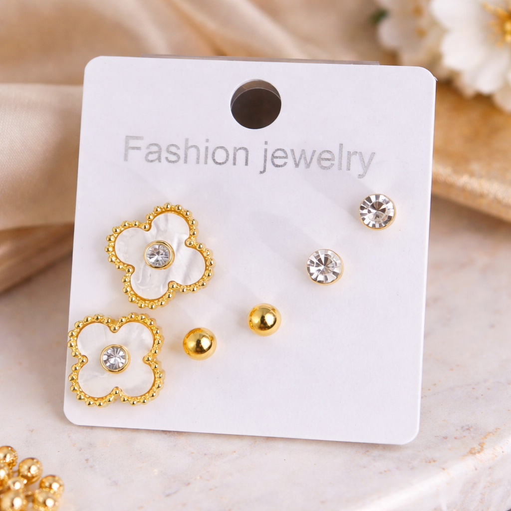 3 Pair Fashion Jewelry Stud Set (Clover, Crystal & Gold Ball)