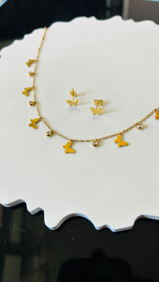 Butterfly Charm Gold Necklace & Stud Earrings Set – Minimal Elegant Jewellery