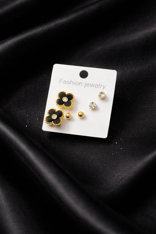 Black Clover & Crystal Stud Earrings Set – Fashion Jewellery Combo