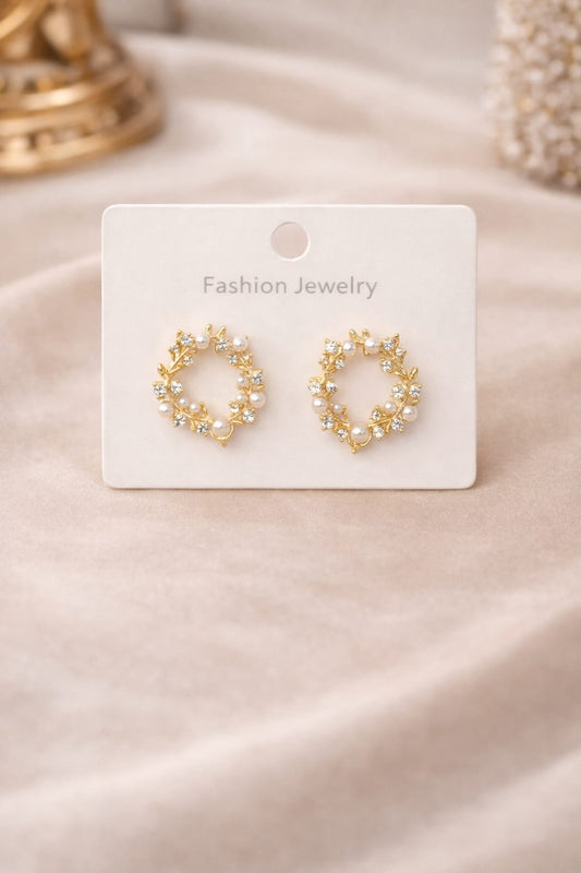 Crystal & Pearl Wreath Stud Earrings – Elegant Gold Finish