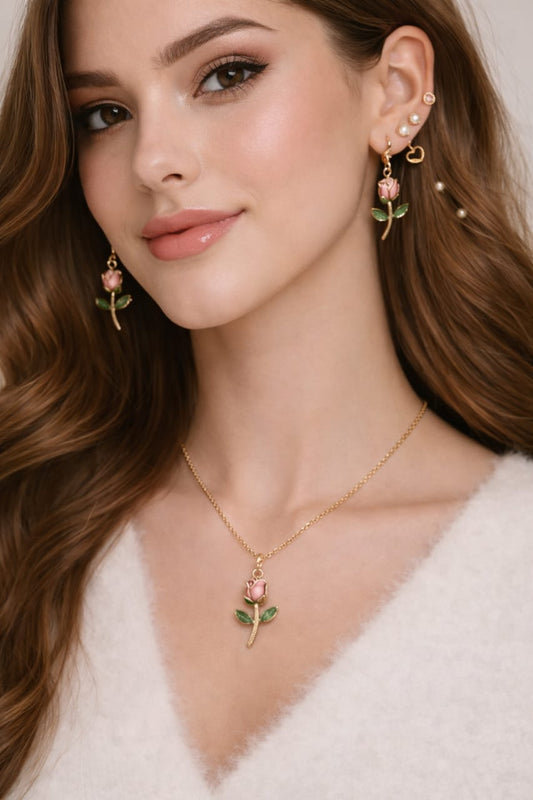 Rose Charm Pendant Necklace & Earrings Set – Elegant Floral Jewellery