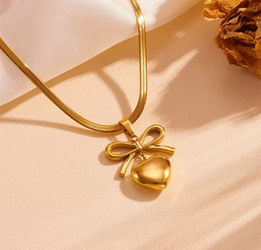Golden Bow Drop Heart Necklace