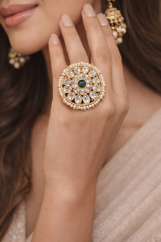 Emerald Green Kundan Statement Ring | Adjustable Wedding Ring for Women