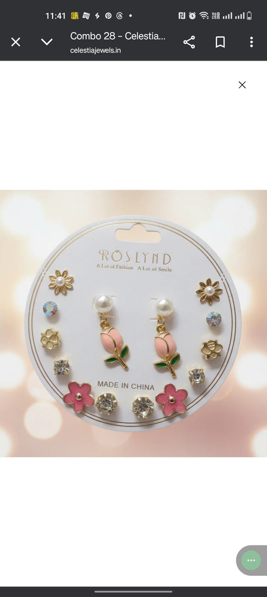 Floral & Pearl Multi Stud Earrings Set (Combo)