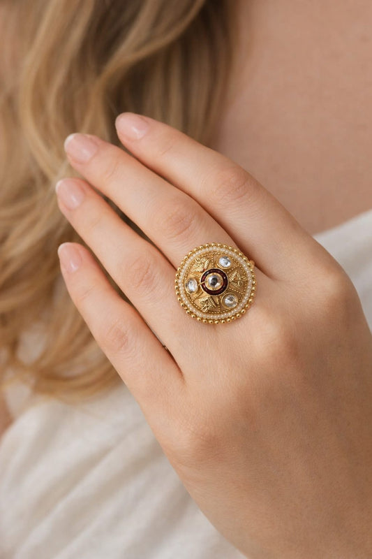 Antique Pearl Kundan Ring for Women | Traditional Adjustable Ring