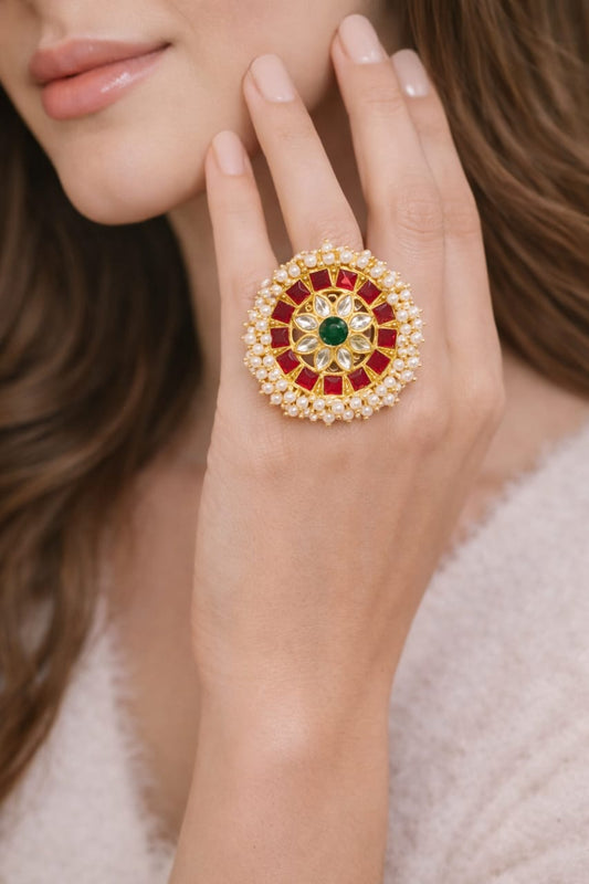 Royal Red & Green Kundan Statement Ring for Women | Adjustable Ethnic Ring