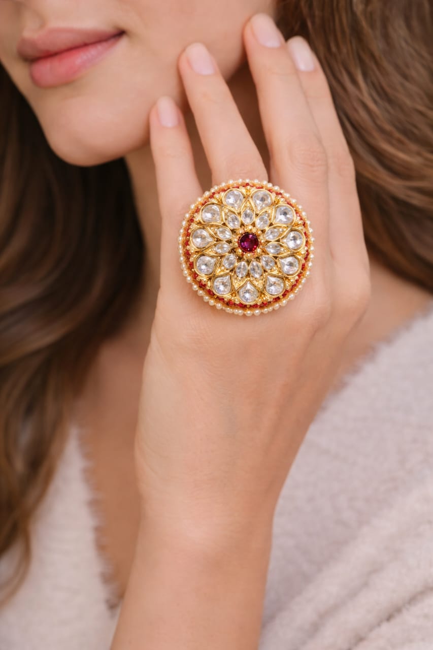 Floral Kundan Statement Ring with Ruby Center | Adjustable Ethnic Ring