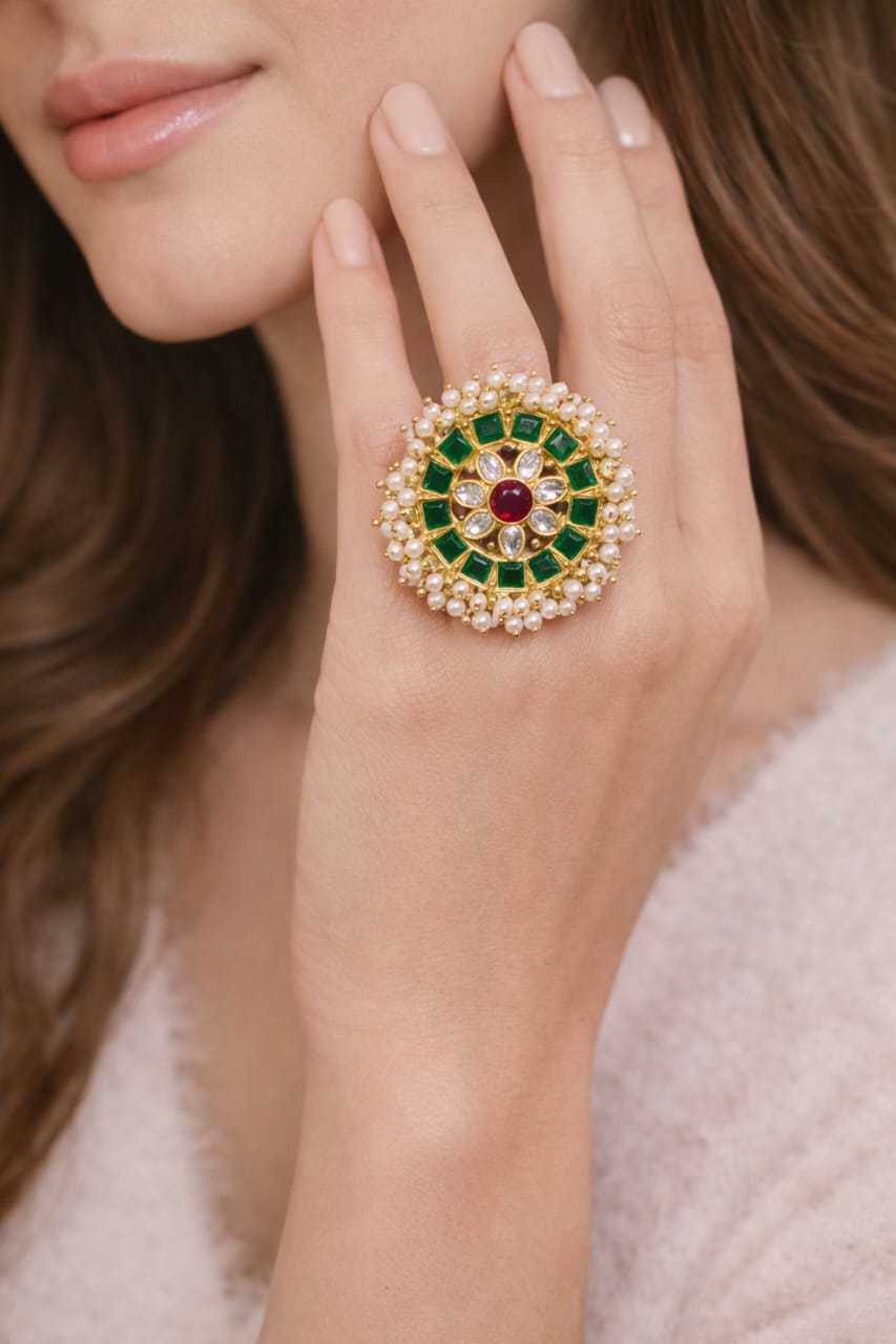 Royal Green & Ruby Kundan Statement Ring for Women | Adjustable Ethnic Ring