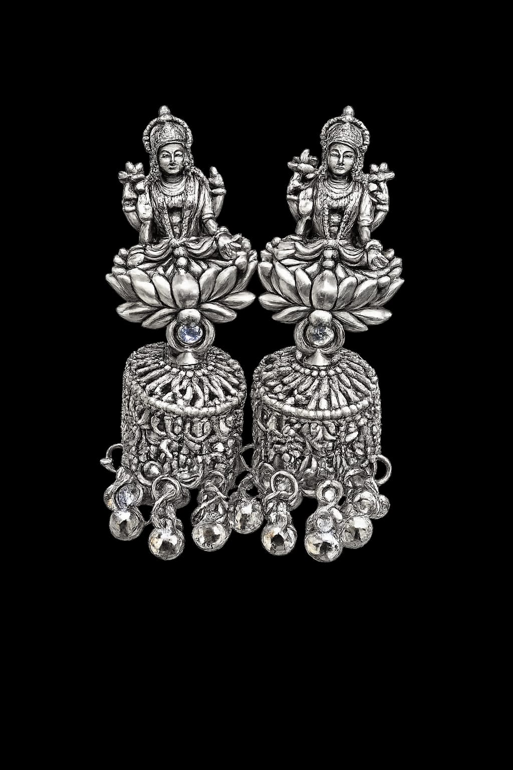 Oxidised Silver Goddess Lakshmi Jhumka Earrings for Women | Traditional Temple Earrings