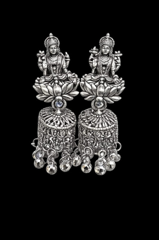 Oxidised Silver Goddess Lakshmi Jhumka Earrings for Women | Traditional Temple Earrings